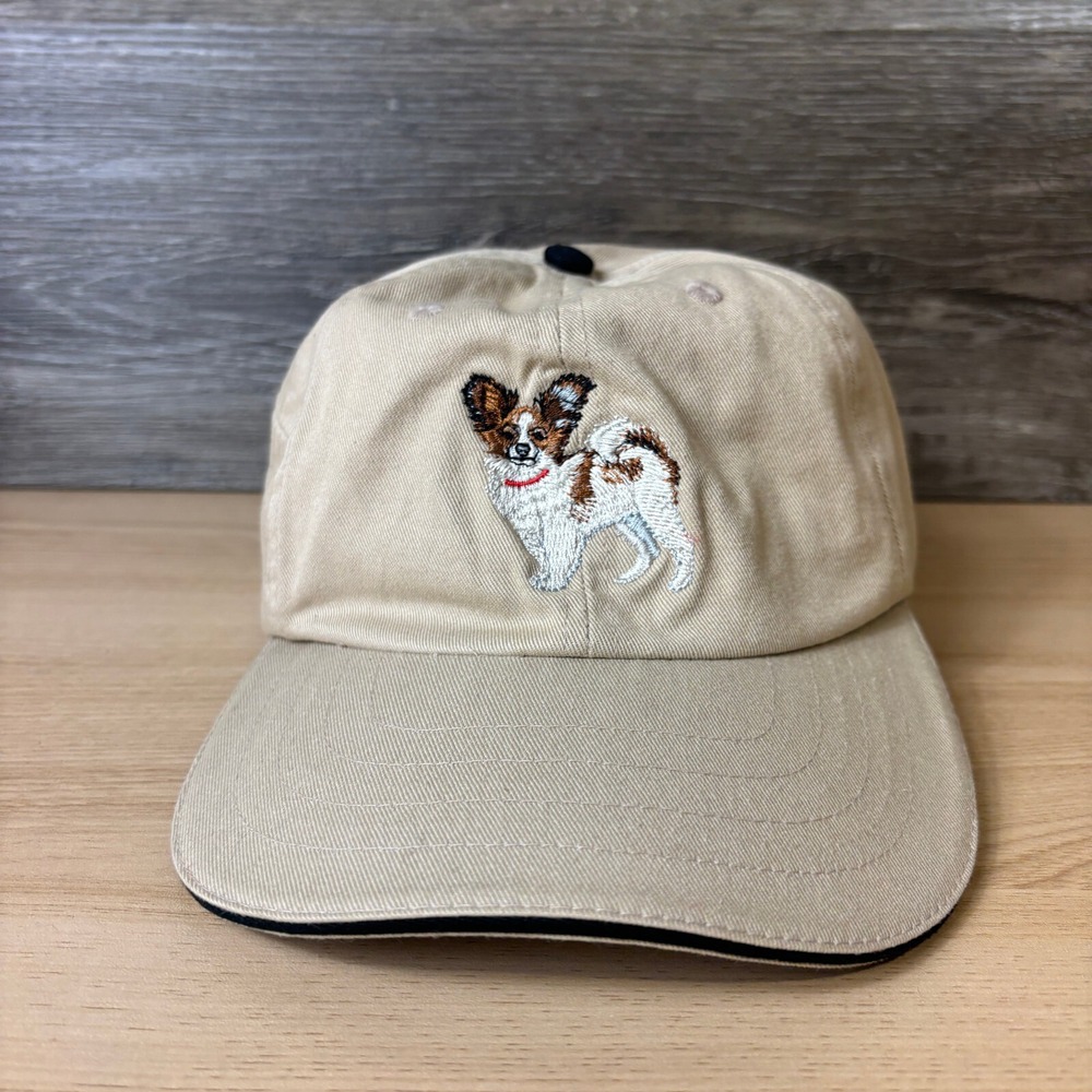 Papillon Hat Cap Strap Back Beige Brown Dog Embroidered‎ Zip Pocket Adjustable